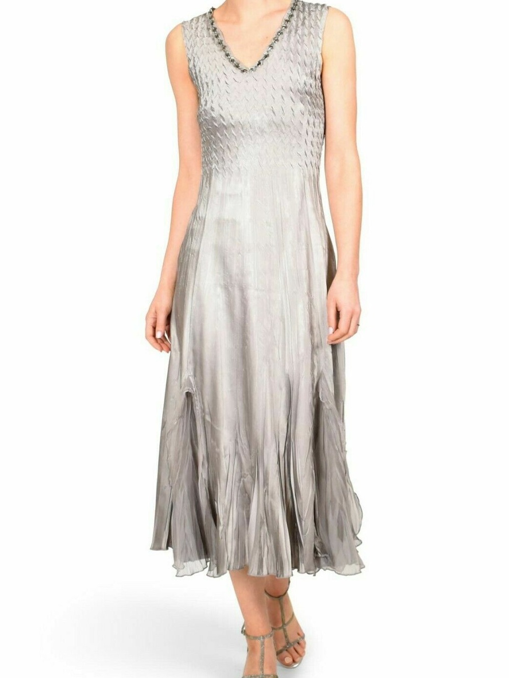 Komarov Silver Sleeveless V-Neck Midi Dress